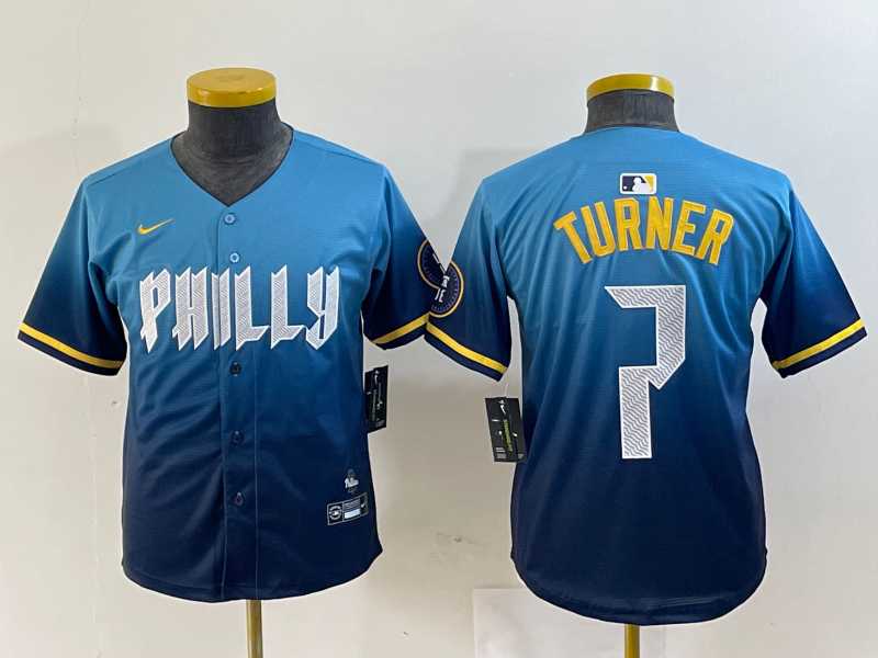 Youth Philadelphia Phillies #7 Trea Turner Blue 2024 City Connect Limited Stitched Jersey->mlb youth jerseys->MLB Jersey